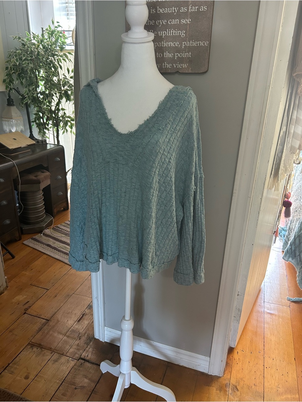 Soft V-Neck Textured Pullover Sweater - turquoise blue. Cotton and poly blend.